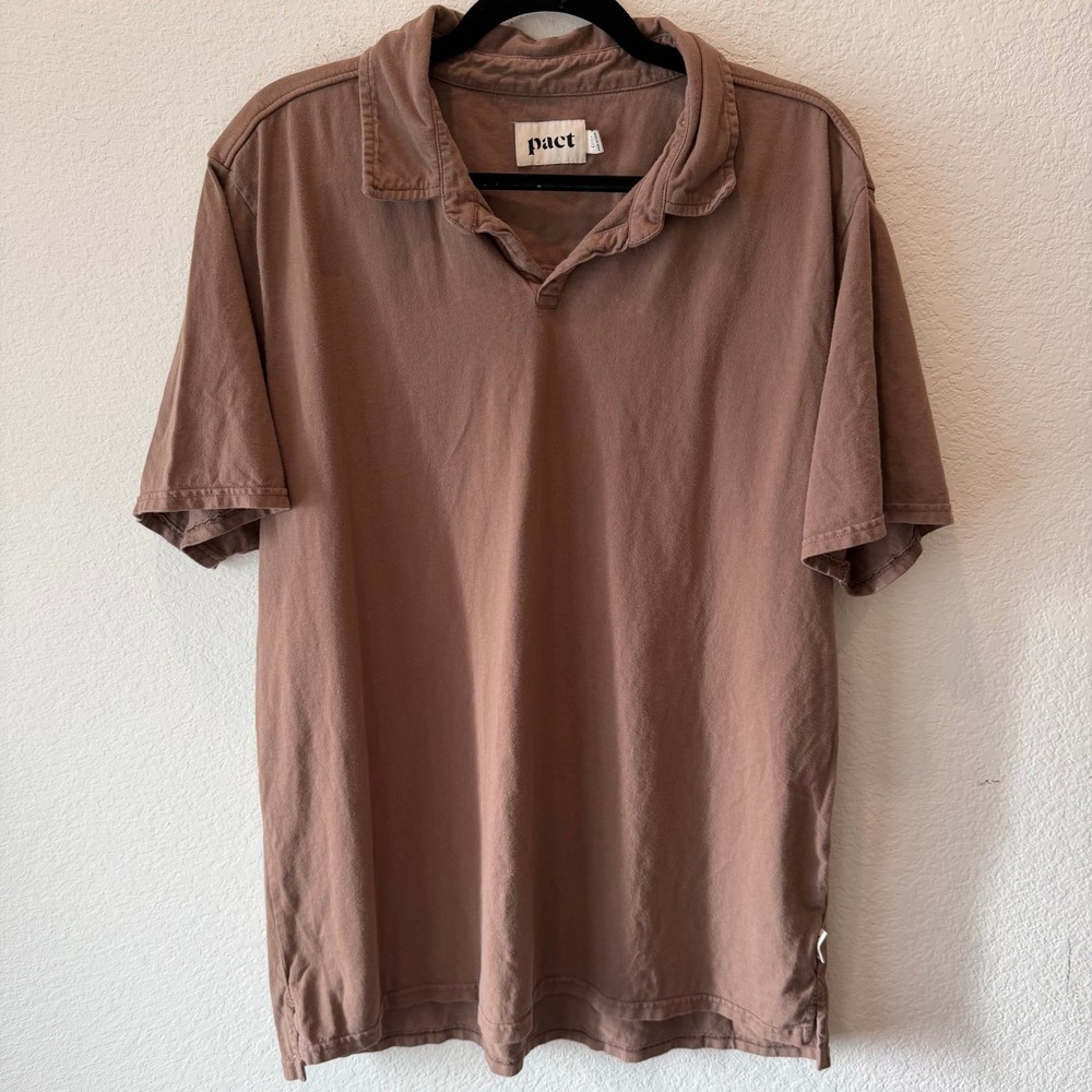 Pact Organic Cotton Short Sleeve Polo Shirt Clay Brown XL Mens V-Neck Relaxed